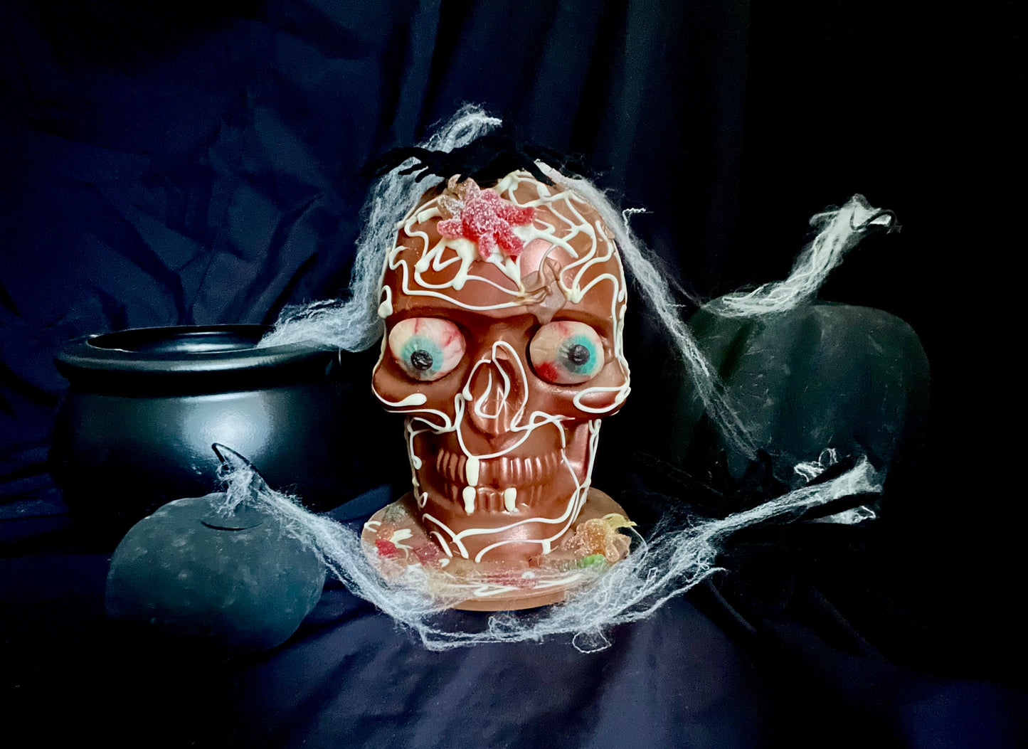 Life-size Hand Decorated Chocolate Skull filled with Toffee Popcorn