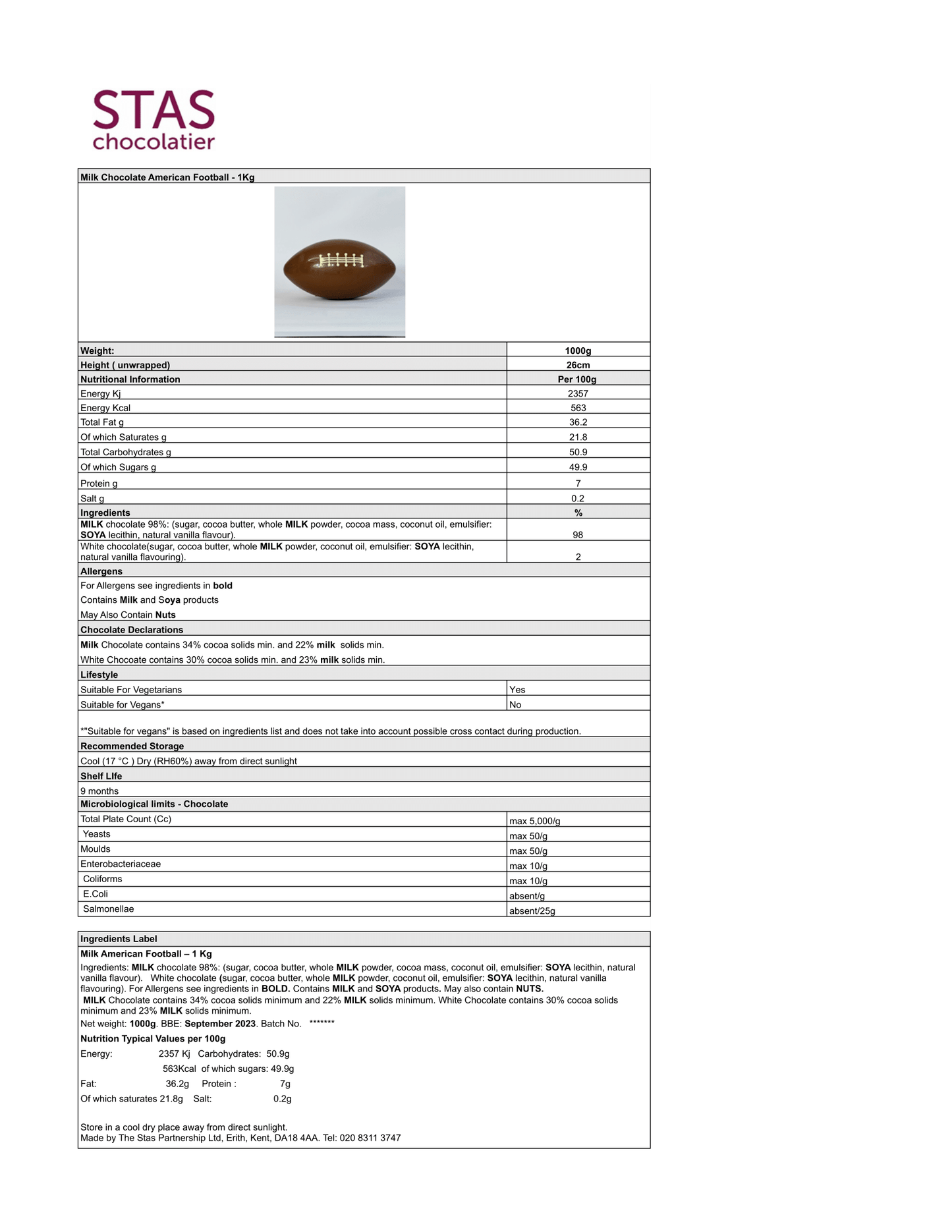 Life Size Chocolate American Football, 1kg